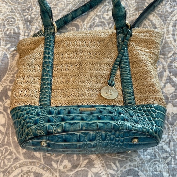 Brahmin Small Bowie Raffia/lagoon blue Satchel Crossbody summer - Picture 3 of 10